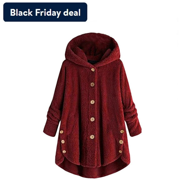 Usmixi Winter Womens Plush Coats Plus Size Overcoats for Women Winter Long Sleeve Fluffy Fleece Coats Casual Solid Button Down Loose Fuzzy Hooded Coats and Jackets Up to 65% off