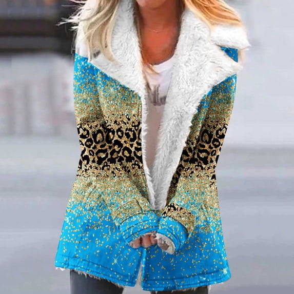 Usmixi Winter Womens Plush Jacket Womens Plush Coat Vintage Leopard Print Button Loose Lapel Overcoat Warm Thickened Soft Fleece Padded Outerwear with Pocket 2023 Plush Jacket