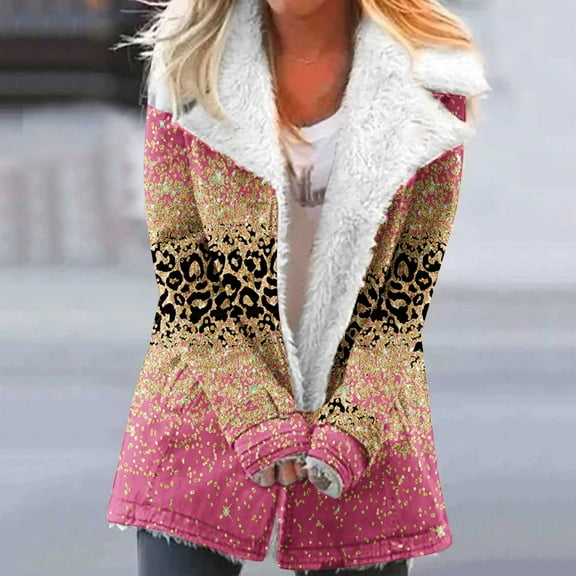Usmixi Winter Womens Plush Jacket Womens Plush Coat Vintage Leopard Print Button Loose Lapel Overcoat Warm Thickened Soft Fleece Padded Outerwear with Pocket 2023 Plush Jacket
