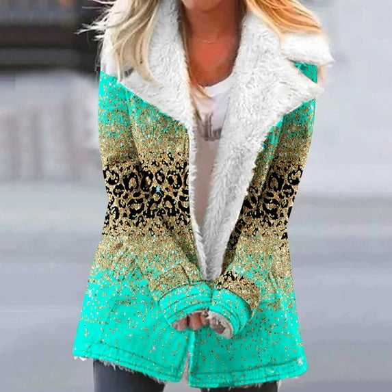 Usmixi Winter Womens Plush Jacket Womens Plush Coat Vintage Leopard Print Button Loose Lapel Overcoat Warm Thickened Soft Fleece Padded Outerwear with Pocket 2023 Plush Jacket