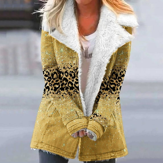 Usmixi Winter Womens Plush Jacket Womens Plush Coat Vintage Leopard Print Button Loose Lapel Overcoat Warm Thickened Soft Fleece Padded Outerwear with Pocket 2023 Plush Jacket