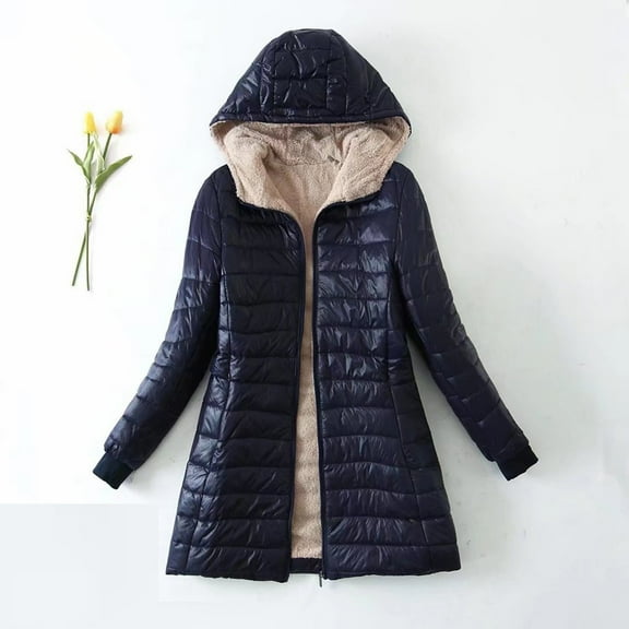 Usmixi Winter Womens Puffer Coat Long Coat for Women Long Sleeve Casual Solid Soft Cozy Quilted Hooded Jacket Open Front Zipper Lamb Fleece Lined Outerwear with Pocket Up to 65% off