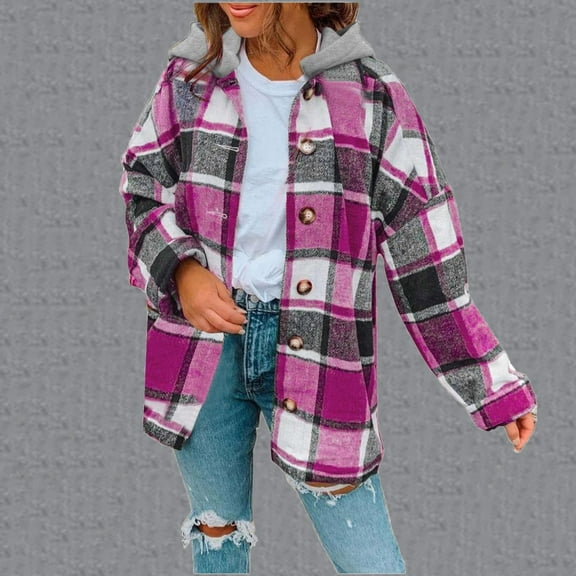 Usmixi Winter Womens Shacket Coat Women Plaid Jacket Fall Loose Lightweight Comfy Flannel Shirts Coat Long Sleeve Button Down Hooded Woolen Outwear with Pocket 2023 Shacket Coat