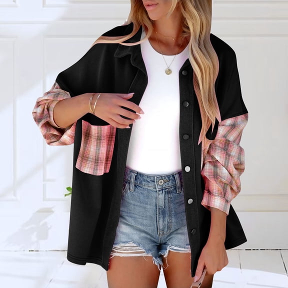 Usmixi Winter Womens Shacket Coat Womens Shirts Jacket Classic Plaid Patchwork Button Down Lapel Coats Fall Long Sleeve Loose Comfy Flannel Outwear with Pocket 2025 Shacket Coat