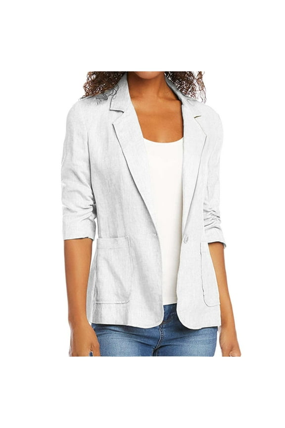 Usmixi Winter Womens Suit Jackets Blazer Jackets for Women Casual Solid Lapel Button Down Plus Size Suit Coat Pocket Fall Lightweight Cotton Linen 3/4 Sleeve Cardigan Blouses Up to 65% off
