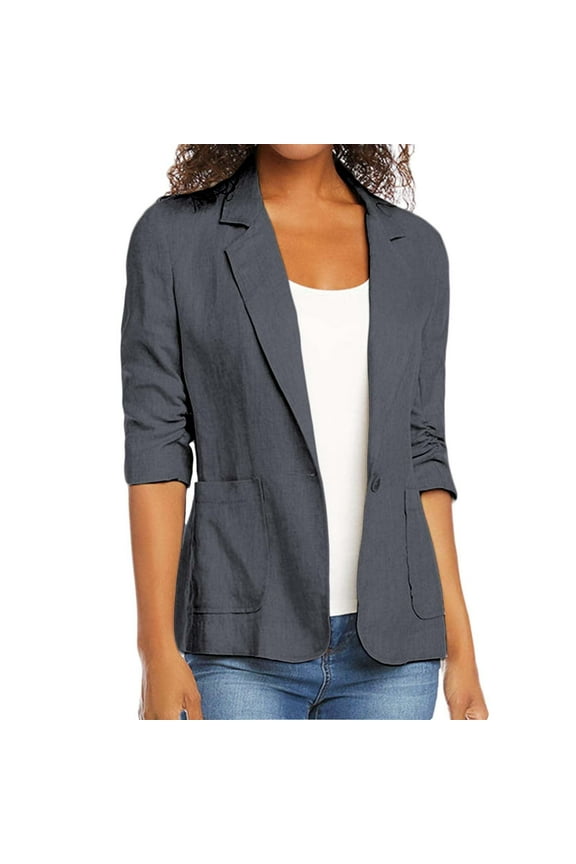 Usmixi Winter Womens Suit Jackets Blazer Jackets for Women Casual Solid Lapel Button Down Plus Size Suit Coat Pocket Fall Lightweight Cotton Linen 3/4 Sleeve Cardigan Blouses Up to 65% off