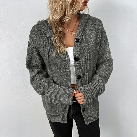 Usmixi Winter Womens Sweater Coat Hooded Coat for Women Casual Solid Single Breasted Drawstring Hoodies Sweater Fall Long Sleeve Loose Soft Knit Sweater Outerwear Tops Up to 65% off