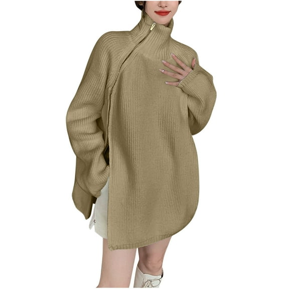 Usmixi Winter Womens Sweater Coat Knit Sweater Coat for Women Winter Cozy Soft Knitted Turtleneck Outerwear Casual Solid Long Sleeve Zip up Oversized Sweater Cardigan