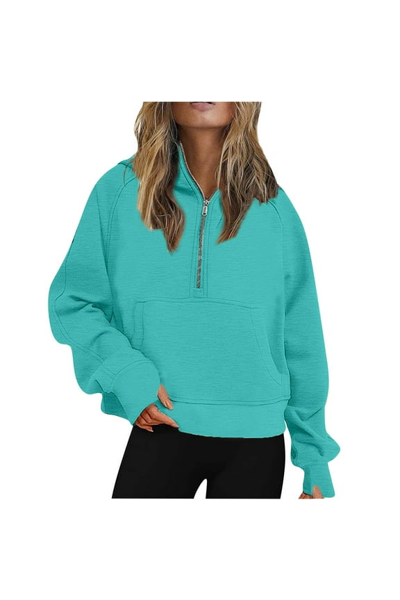 Usmixi Winter Womens Sweatshirt Womens Half Zip Sweatshirt Long Sleeve Stand Neck Oversized Sweatshirts Casual Solid Pocket Cozy Fleece Pullover Tops Blouses Sweatshirt