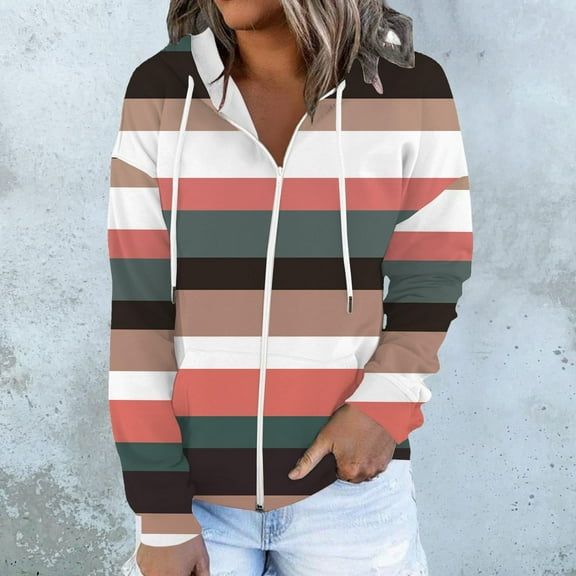 Usmixi Winter Womens Sweatshirt Coat Hooded Sweatshirt for Women Casual Drawstring Zip up Striped Print Hoodies Coat Tops Fall Loose Lightweight Long Sleeve Pocket Outerwear Up to 65% off