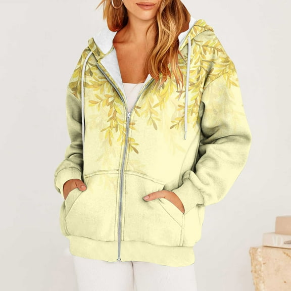 Usmixi Winter Womens Sweatshirt Coat Hoodies Sweatshirt Coat for Women Fashion Floral Print Drawstring Hooded Jacket Plus Size Pocket Lightweight Zip up Fall Outerwear Up to 65% off