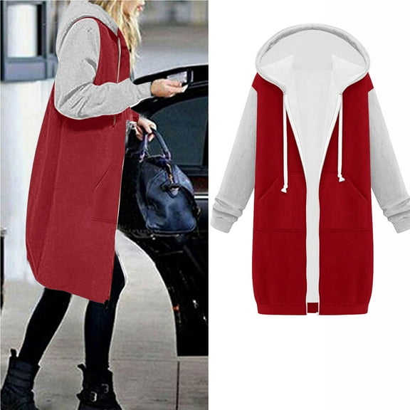 Usmixi Winter Womens Sweatshirt Coat Long Coat for Women Fashion Color Patchwork Drawstring Hooded Sweater Outwear Pocket Open Front Zipper Padded Fleece Overcoat 2023 Sweatshirt Coat