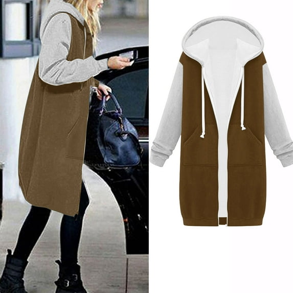 Usmixi Winter Womens Sweatshirt Coat Long Coat for Women Fashion Color Patchwork Drawstring Hooded Sweater Outwear Pocket Open Front Zipper Padded Fleece Overcoat 2023 Sweatshirt Coat
