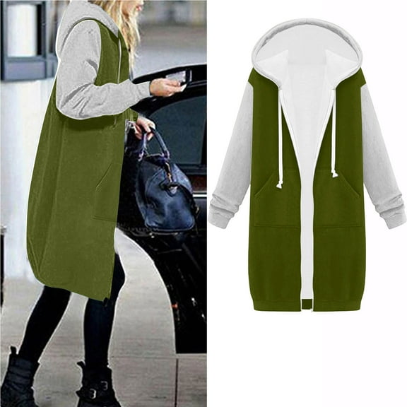 Usmixi Winter Womens Sweatshirt Coat Long Coat for Women Fashion Color Patchwork Drawstring Hooded Sweater Outwear Pocket Open Front Zipper Padded Fleece Overcoat 2023 Sweatshirt Coat