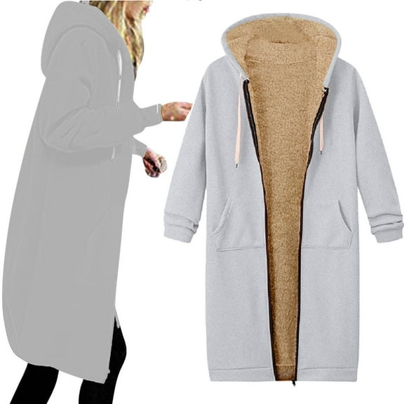 Usmixi Winter Womens Sweatshirt Coat Plush Lined Overcoat for Women Fashion Loose Zip up Drawstring Hooded Sweatshirt Long Coat Casual Solid Long Sleeve Fuzzy Fleece Outwear Up to 65% off