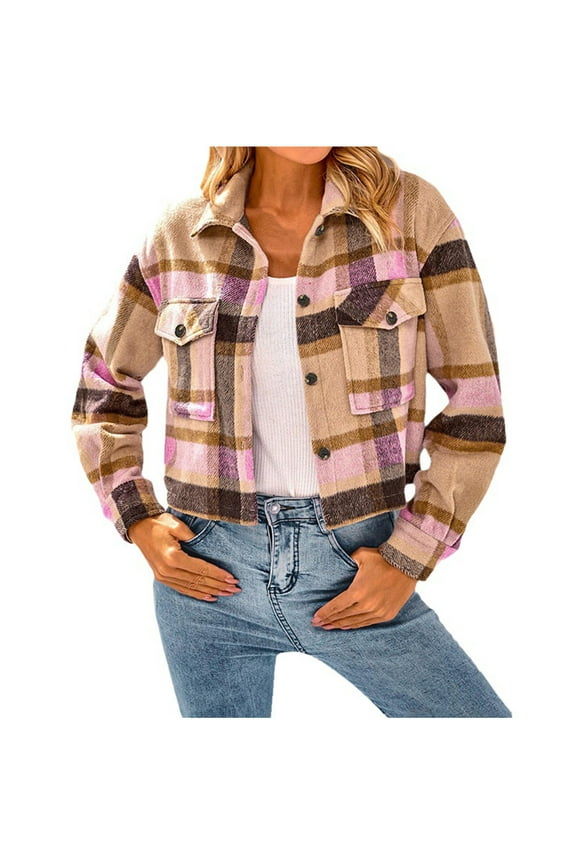 Usmixi Winter Wool Coat for Women Flannel Jacket for Women Button Down Lapel Classic Plaid Print Shirts Coats Long Sleeve Loose Cropped Outwear Shacket with Pocket Wool Coat
