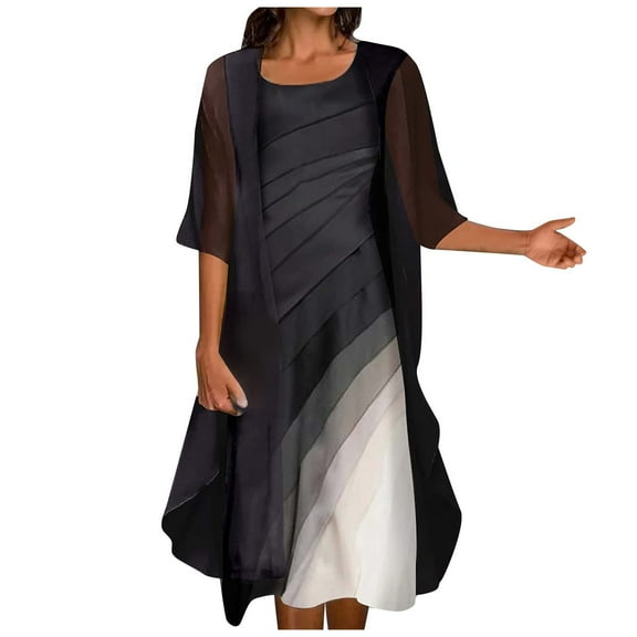 Usmixi Women Comfy Round Neck Sleeveless Floral Print Long Chiffon Dress with Solid Cardigan Coat Two-Piece Sets Elegant Wedding Guest Flowy Dresses Black XXXXXL