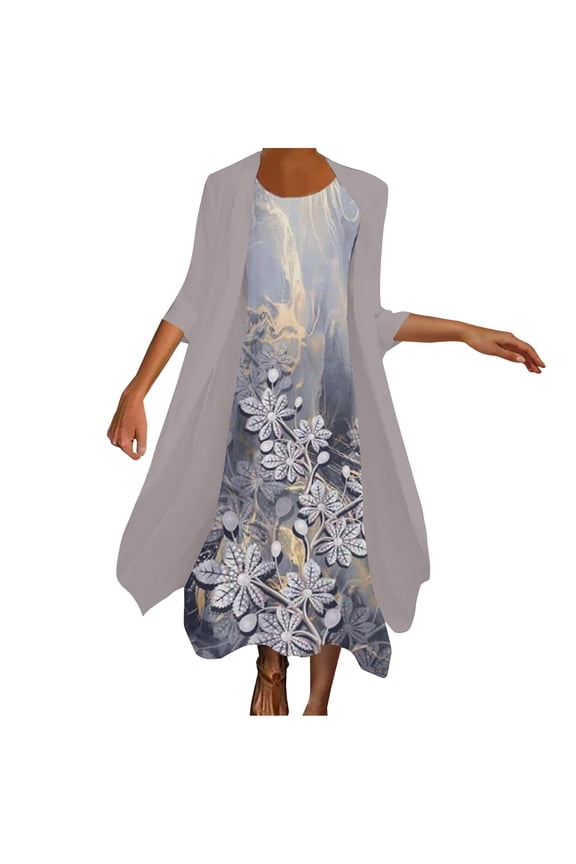 Usmixi Women Comfy Round Neck Sleeveless Floral Print Long Chiffon Dress with Solid Cardigan Coat Two-Piece Sets Elegant Wedding Guest Flowy Dresses Gray XXXL