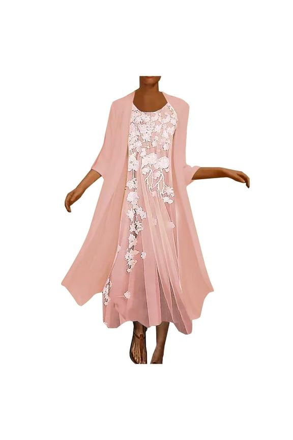 Usmixi Women Comfy Round Neck Sleeveless Floral Print Long Chiffon Dress with Solid Cardigan Coat Two-Piece Sets Elegant Wedding Guest Flowy Dresses Pink XL