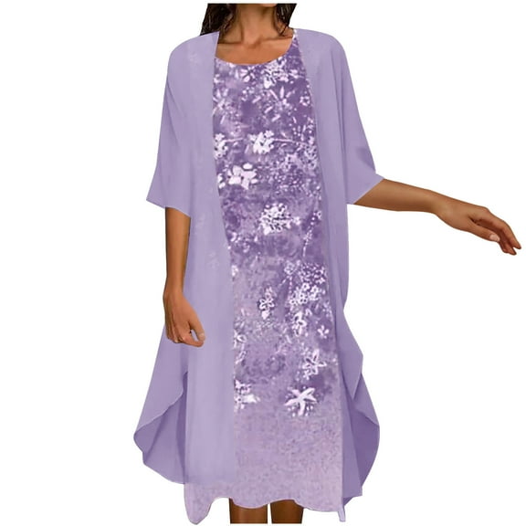 Cyber&Monday Usmixi Women Comfy Round Neck Sleeveless Floral Print Long Chiffon Dress with Solid Cardigan Coat Two-Piece Sets Elegant Wedding Guest Flowy Dresses Purple l