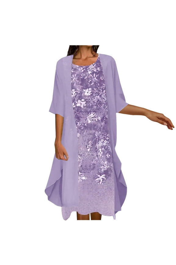 Cyber&Monday Usmixi Women Comfy Round Neck Sleeveless Floral Print Long Chiffon Dress with Solid Cardigan Coat Two-Piece Sets Elegant Wedding Guest Flowy Dresses Purple l