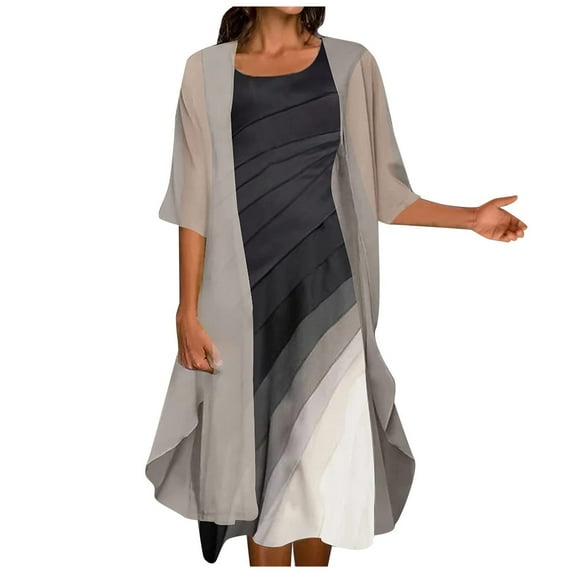 Usmixi Women Comfy Round Neck Sleeveless Floral Print Long Chiffon Dress with Solid Cardigan Coat Two-Piece Sets Elegant Wedding Guest Flowy Dresses White XL