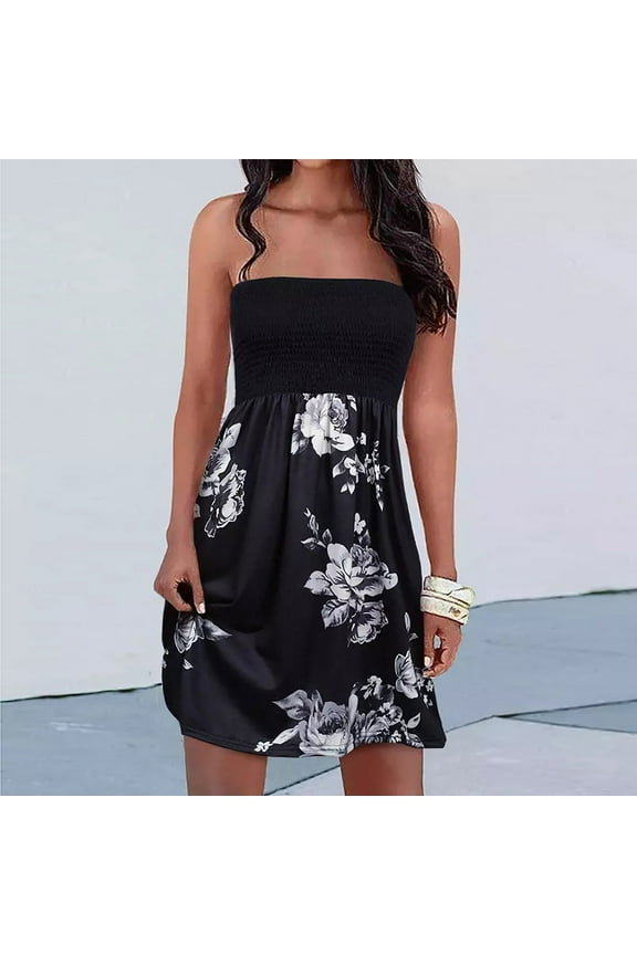 Usmixi Women Flowy Pleated Dress Summer Beach Boho Floral Print Strapless Sundress Sexy Tube Top Swing Hem Mini Dresses Black XL