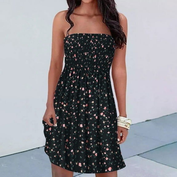 Usmixi Women Flowy Pleated Dress Summer Beach Boho Floral Print Strapless Sundress Sexy Tube Top Swing Hem Mini Dresses Black XL