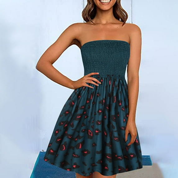 Usmixi Women Flowy Pleated Dress Summer Beach Boho Floral Print Strapless Sundress Sexy Tube Top Swing Hem Mini Dresses Green XL