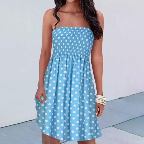 Usmixi Women Flowy Pleated Dress Summer Beach Boho Floral Print Strapless Sundress Sexy Tube Top Swing Hem Mini Dresses Light Blue l