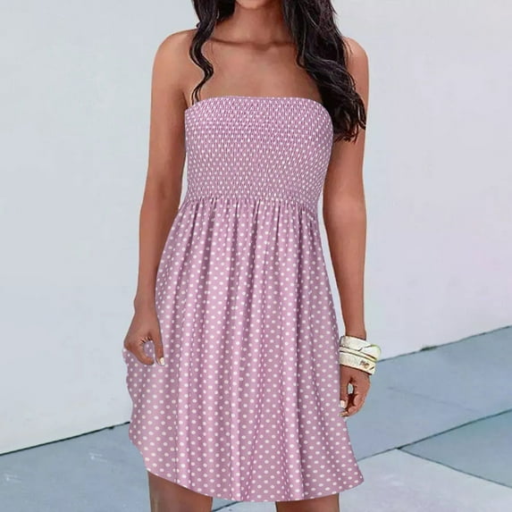 Usmixi Women Flowy Pleated Dress Summer Beach Boho Floral Print Strapless Sundress Sexy Tube Top Swing Hem Mini Dresses Pink XXL
