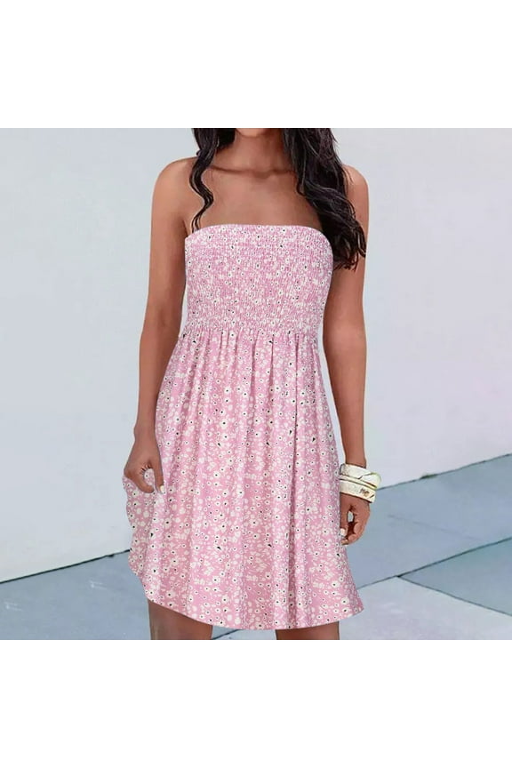 Usmixi Women Flowy Pleated Dress Summer Beach Boho Floral Print Strapless Sundress Sexy Tube Top Swing Hem Mini Dresses Pink m