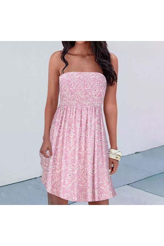 Cyber&Monday Usmixi Women Flowy Pleated Dress Summer Beach Boho Floral Print Strapless Sundress Sexy Tube Top Swing Hem Mini Dresses Pink s