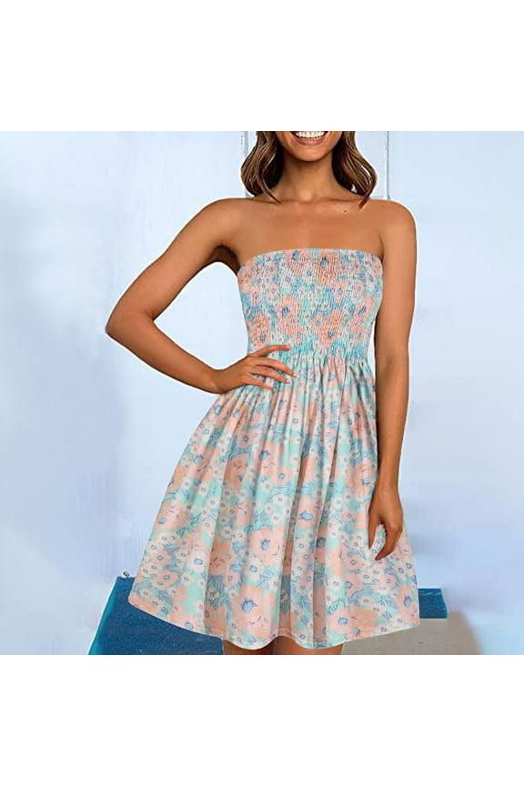 Usmixi Women Flowy Pleated Dress Summer Beach Boho Floral Print Strapless Sundress Sexy Tube Top Swing Hem Mini Dresses Pink s