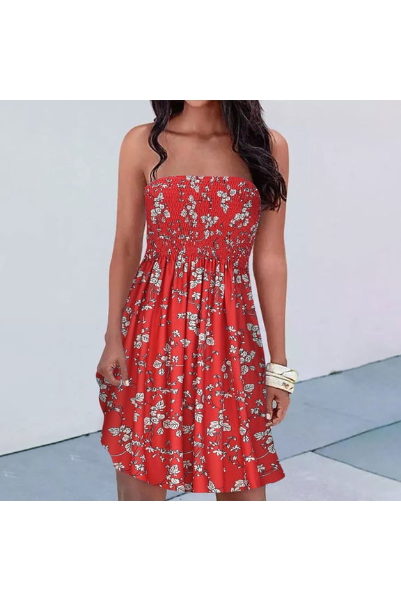 Usmixi Women Flowy Pleated Dress Summer Beach Boho Floral Print Strapless Sundress Sexy Tube Top Swing Hem Mini Dresses Red s