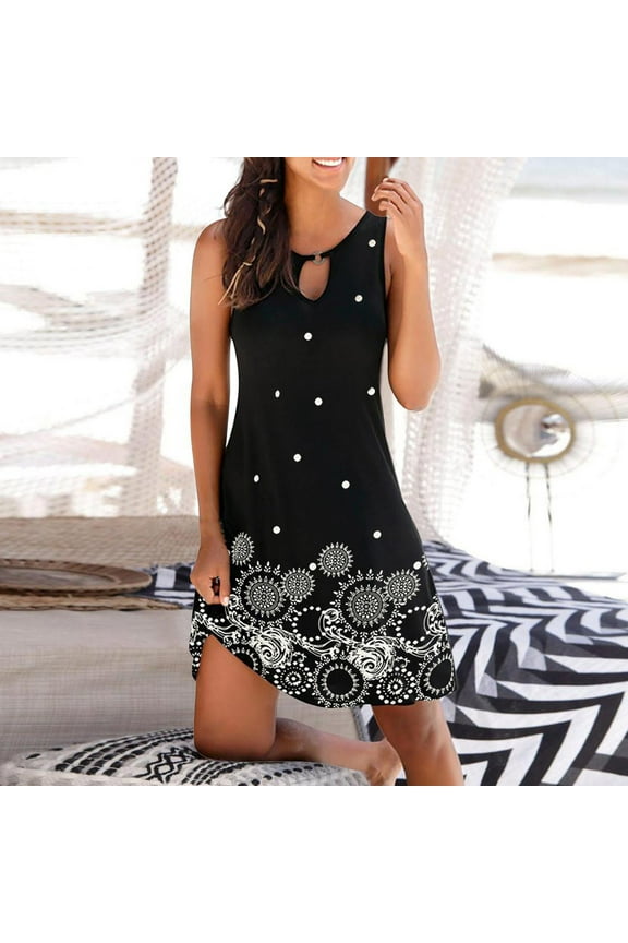 Usmixi Women Formal Dresses-Women Tunic Dresses Summer Beach Sunflower Print Sleeveless Tank Mini Dress Casual Hollowed Crewneck Tight Waist Dress Black l