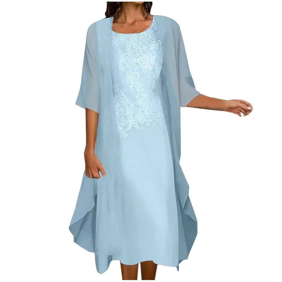 ZZwxWA Women's Summer Two-Piece Set Lace Floral Patchwork Midi Dresses Plus Size Casual Solid Chiffon V-Neck 3/4 Sleeve Tiered Hem Sundressl Loose Beach Wedding Guest Knee Length Dress Light Blue xxxl