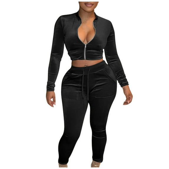 Usmixi Womens 2 Piece Lounge Sets Womens Gold Velvet 2 Piece Outfit Sets Sexy Zip Cropped Coat and Drawstring Long Pant Lounge Sets Workout Sports Casual Solid Tracksuit Sets