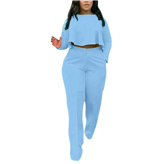 Usmixi Womens 2 Piece Outfits Womens Business Sets Fashion Irregular Cropped Pullover Tops and Mid Waist Suit Pants Lounge Sets Long Sleeve Shirt Casual Pocket Loungewear Sets on Sale