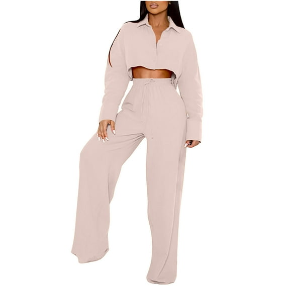 Usmixi Womens 2 Piece Tracksuit Lounge Sets for Women Casual Solid Laple Long Sleeve Cropped Pullover Top and High Waist Wide Leg Blazer Pants Sets Ladies Suit 2 Piece Outfits