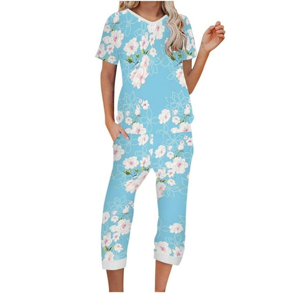 Usmixi Womens 2 Pieces Outfits Vintage Floral Crewneck Short Sleeve Tops and Pocket 3/4 Pants Sets 2023 Summer Lounge Wear Suits Blue m