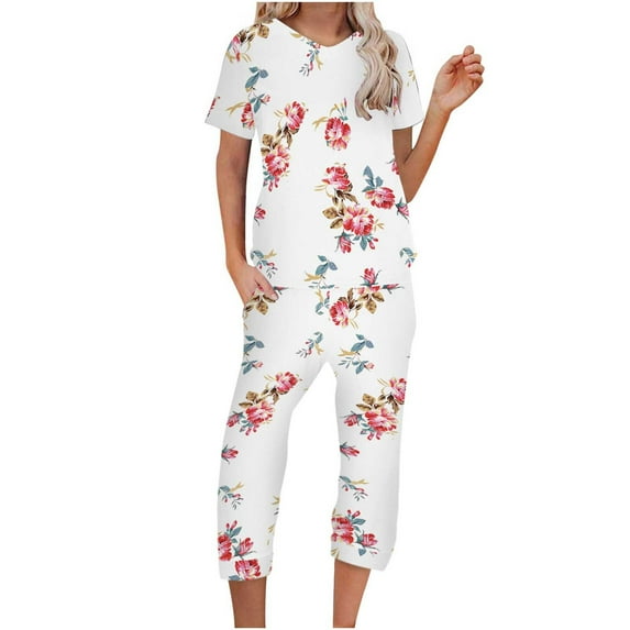 Usmixi Womens 2 Pieces Outfits Vintage Floral Crewneck Short Sleeve Tops and Pocket 3/4 Pants Sets 2023 Summer Lounge Wear Suits Red m