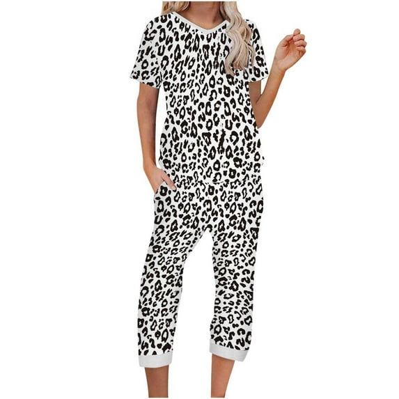Usmixi Womens 2 Pieces Outfits Vintage Floral Crewneck Short Sleeve Tops and Pocket 3/4 Pants Sets 2023 Summer Lounge Wear Suits White s