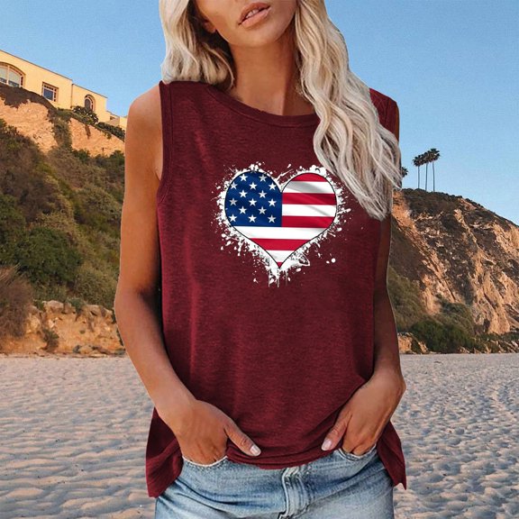 Usmixi Womens 4th of July Tank Tops Comfy Loose Fit Independence Day Patriotic Graphics Shirts Vest Summer Fashion American Flag Heart Print Round Neck Sleeveless Blouse Wine s