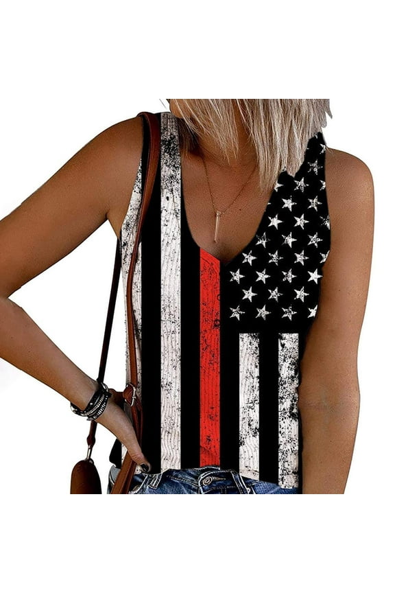 Usmixi Womens 4th of July Tank Tops Plus Size Knitted Ribbed Independence Day Patriotic Shirt Vest Summer Fashion American Flag Print V-Neck Sleeveless Blouse Black s