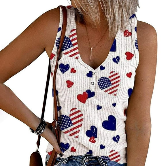 Usmixi Womens 4th of July Tank Tops Plus Size Knitted Ribbed Independence Day Patriotic Shirt Vest Summer Fashion American Flag Print V-Neck Sleeveless Blouse White xl