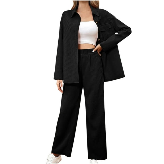 Usmixi Womens Blazer Sets Suit Coat Sets for Women Business Casual Button Lapel Blazer Jacket and Wide Leg 2 Piece Outfits Matching Set Solid Lounge Sets with Pocket Fall Saving