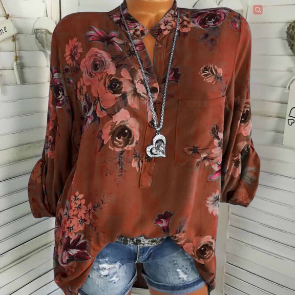 ZZwxWA Shirts for Women Elbow-Length V-Neck Floral Print Summer Basic Tops Fashion Lapel Button Down Plus Size Lightweight Blouses Coffee XXL