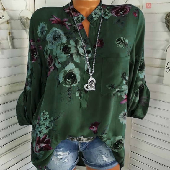 ZZwxWA Shirts for Women Elbow-Length V-Neck Floral Print Summer Basic Tops Fashion Lapel Button Down Plus Size Lightweight Blouses Green XL