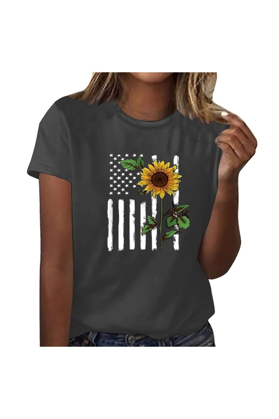 Usmixi Womens Blouses and Tops Dressy Short Sleeve Round Neck Sunflower Print Summer Cute Shirts 4th July Independence Day Casual Pullover Blouses Dark Gray xxl